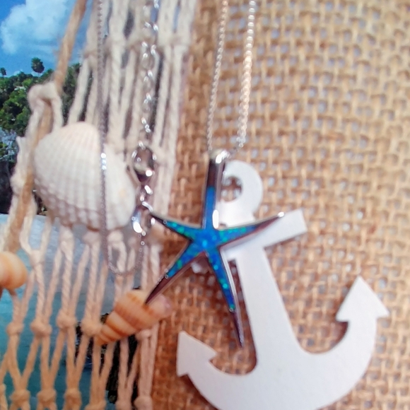 Starfish Blue Fire Opal Pendant Necklace - Picture 2 of 5